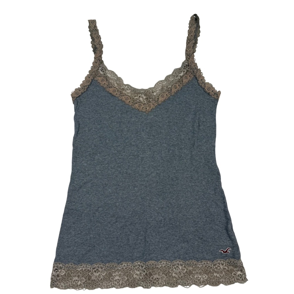 VTG Y2K Hollister Lace Trim Camisole Gray Ribbed Tank Top Large Fitted Logo